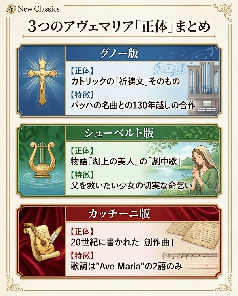 グノー、シューベルト、カッチーニの3つのアヴェマリアの正体と特徴のまとめ図解
