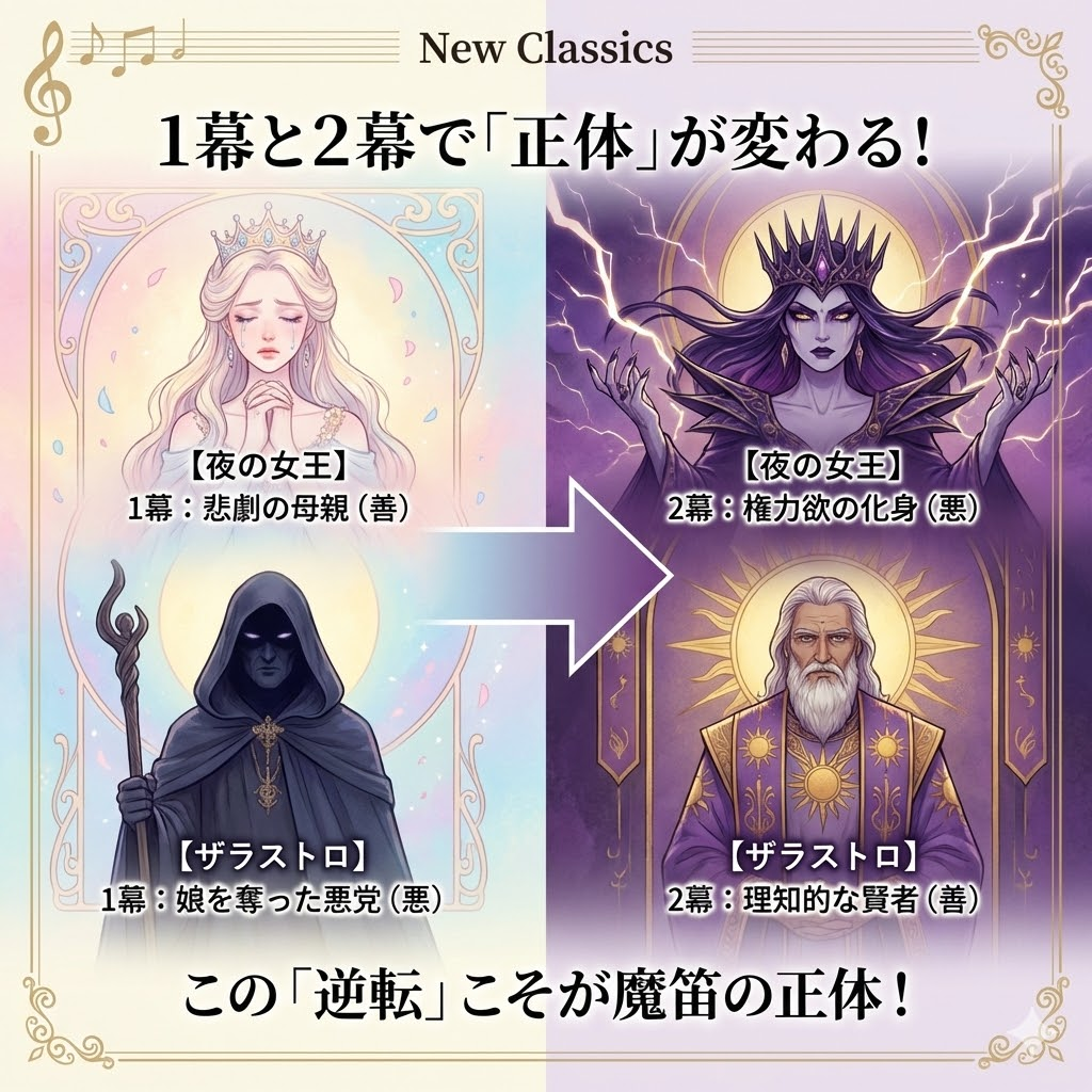 魔笛の1幕と2幕における善悪逆転の図解。夜の女王とザラストロの役割が入れ替わる構造を説明