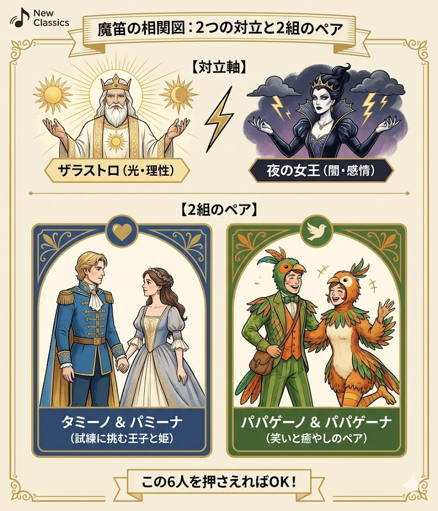 オペラ『魔笛』の主要登場人物相関図。ザラストロvs夜の女王、タミーノ&パミーナ、パパゲーノ&パパゲーナの関係性