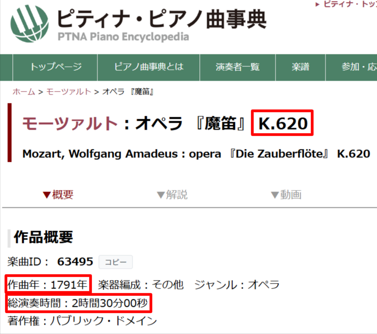 ピティナ・ピアノ曲事典によるモーツァルト『魔笛』K.620の作品基本データ