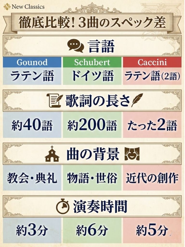 3つのアヴェマリアの言語、歌詞の長さ、背景、演奏時間を比較した図解。