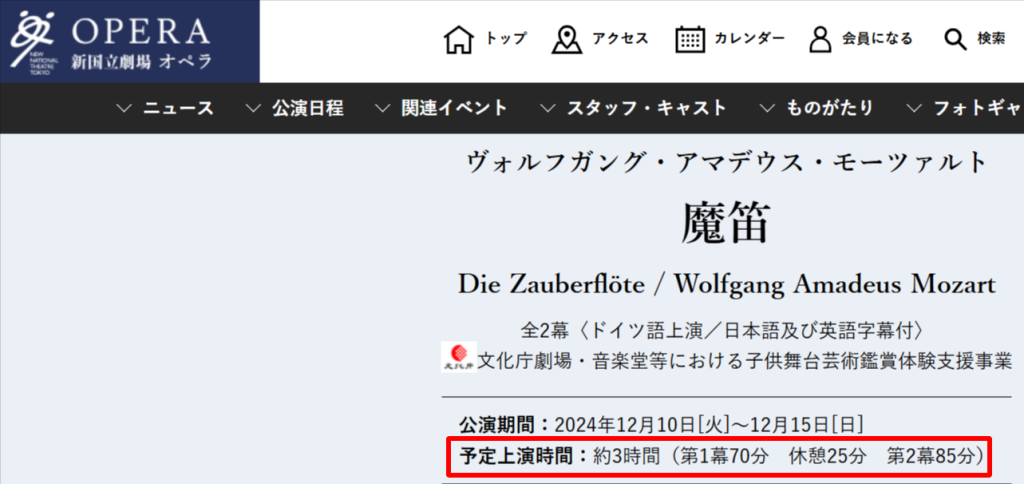 新国立劇場公式サイトに掲載されたオペラ『魔笛』の上演時間と休憩時間