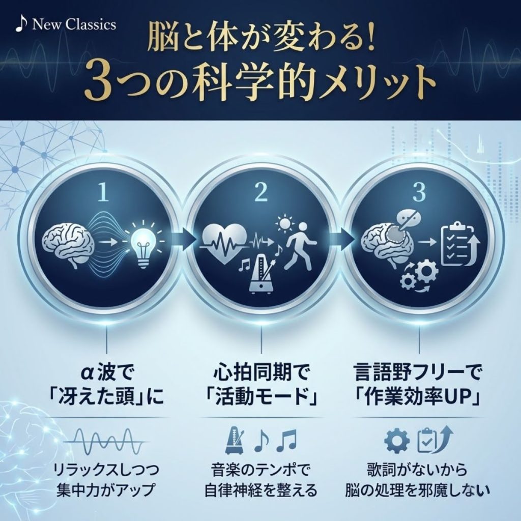 朝のクラシックが脳に与える3つの効果。α波の発生、心拍同期、言語野への負荷軽減の解説図