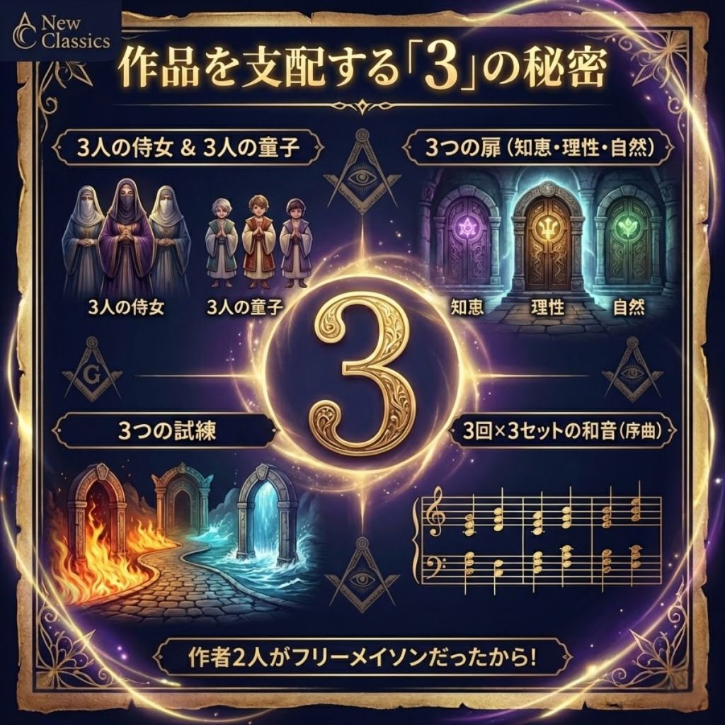 魔笛に隠された数字「3」の法則。フリーメイソンの象徴としての登場人物や舞台設定の図解