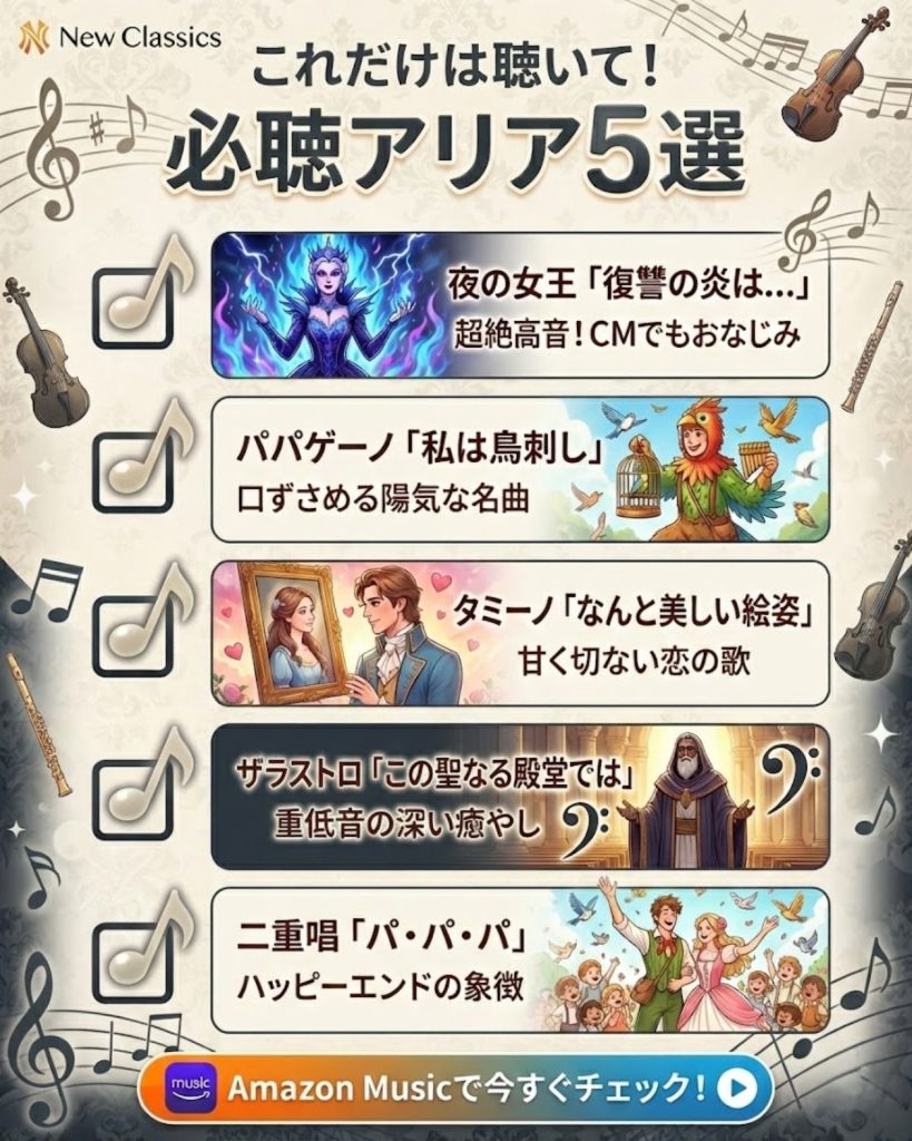魔笛の予習に最適な有名アリア5選のリスト。夜の女王の復讐のアリアやパパゲーノの歌などを紹介