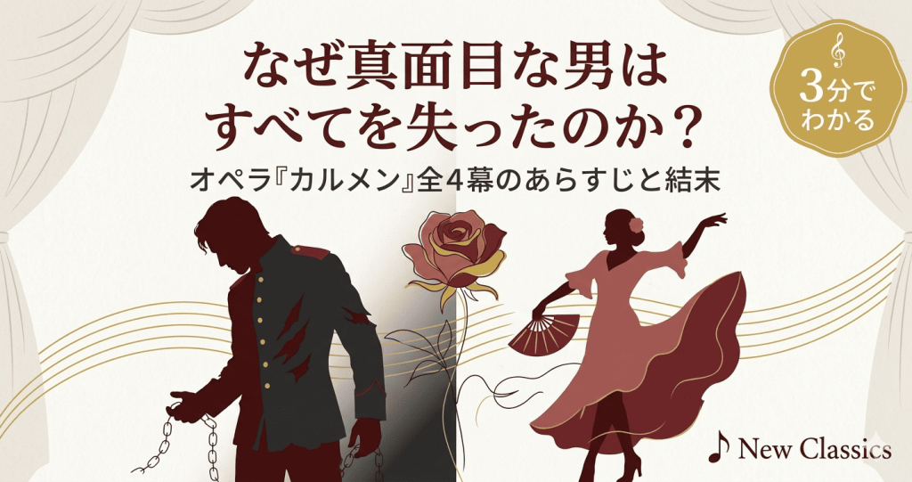 オペラ「カルメン」のあらすじ解説記事アイキャッチ。なぜ真面目な男はすべてを失ったのかというキャッチコピーで全4幕の悲劇を訴求