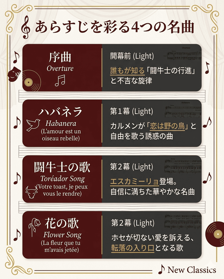 カルメンを彩る4つの名曲を図解。序曲、ハバネラ、闘牛士の歌、花の歌が物語のどの場面で流れるかを整理