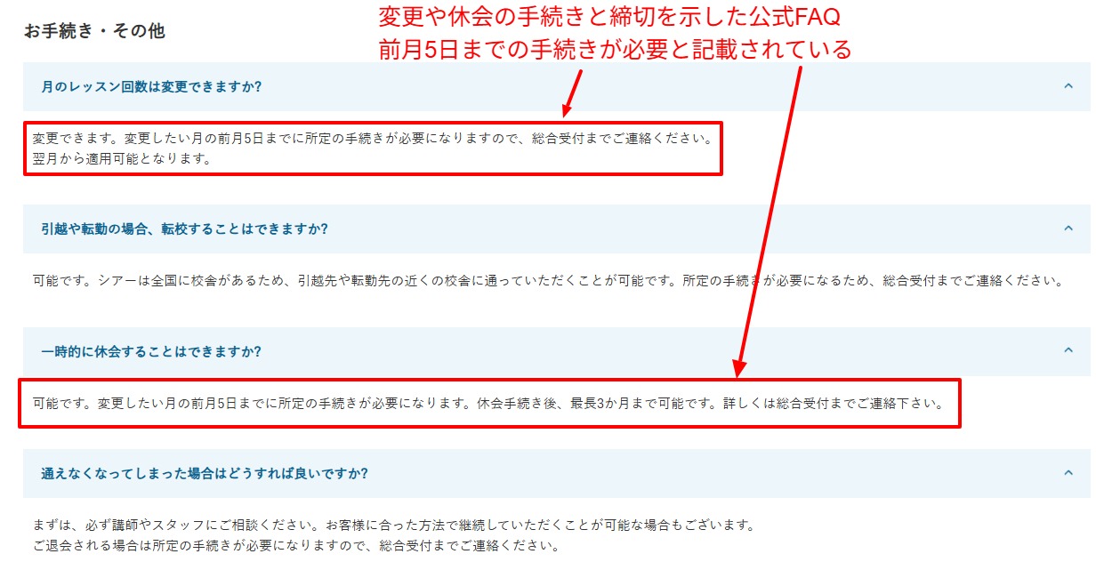 退会と休会の手続きと締切を示した公式FAQ