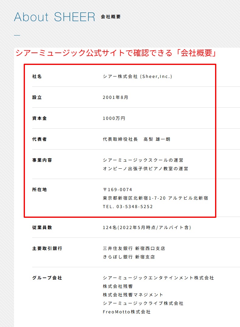 シアーミュージック運営会社の会社概要のスクリーンショット