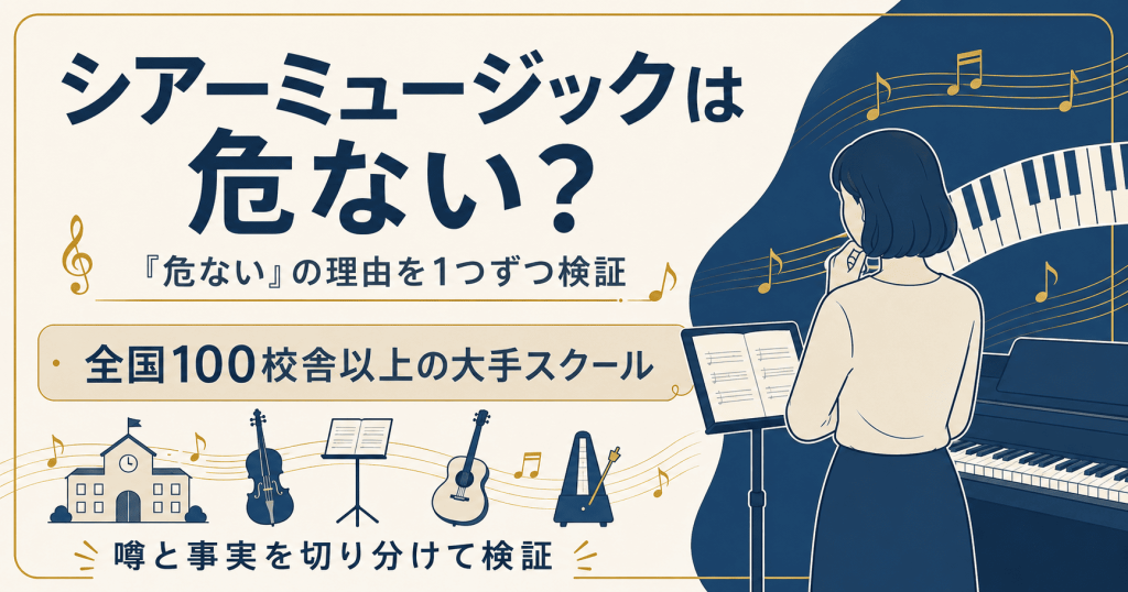 シアーミュージックの評判を検証する記事のアイキャッチ図解