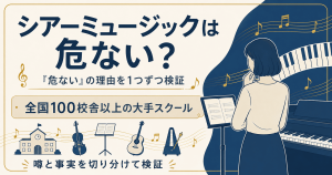 シアーミュージックの評判を検証する記事のアイキャッチ図解