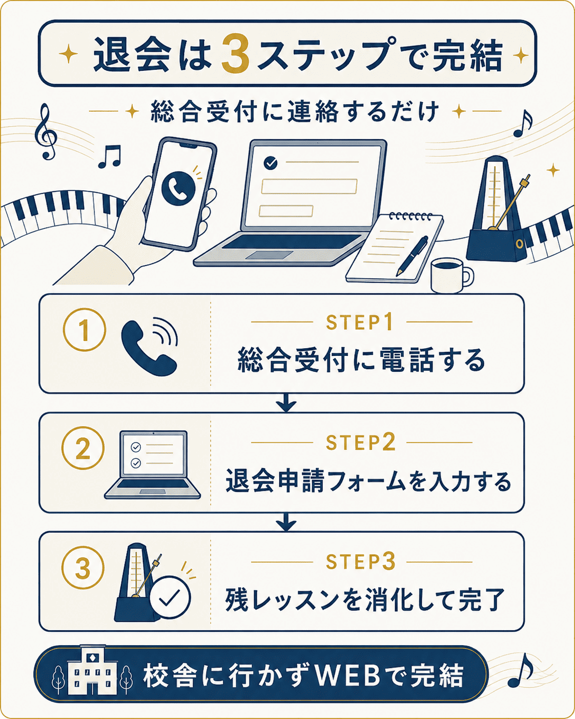 退会手続きを3ステップで示したフロー図