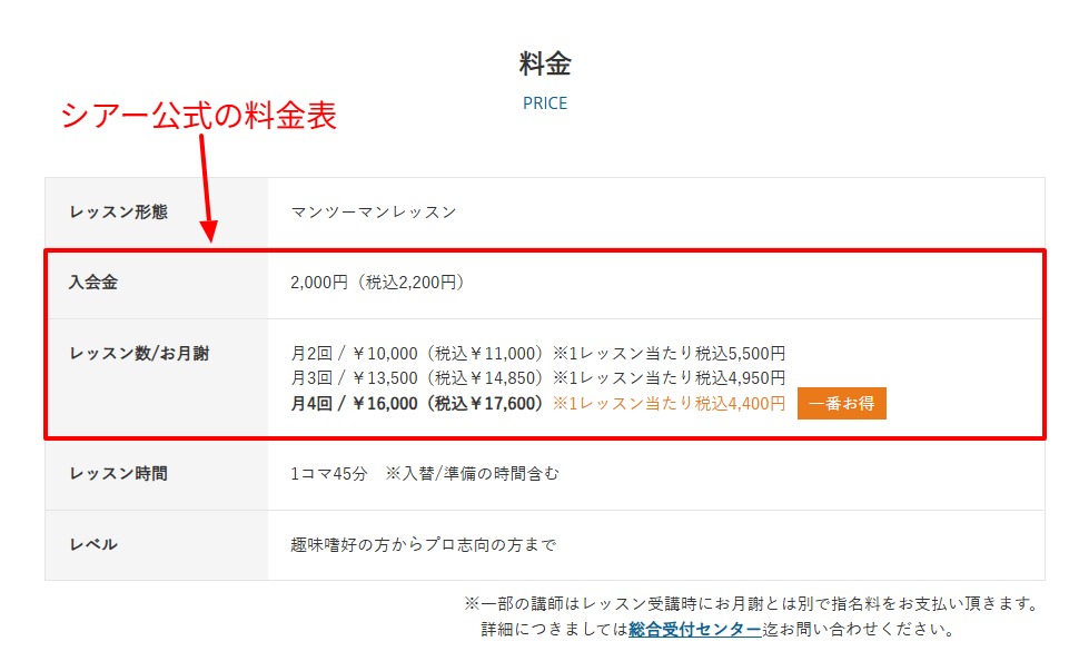 シアーミュージック公式の料金表のスクリーンショット