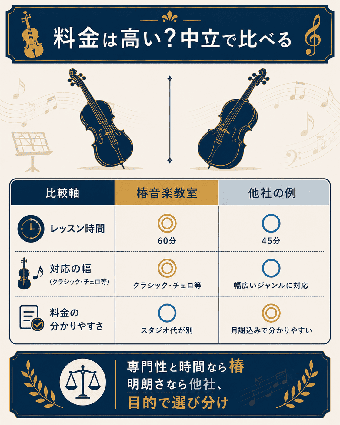 椿音楽教室と他社をレッスン時間や対応範囲で中立比較した図